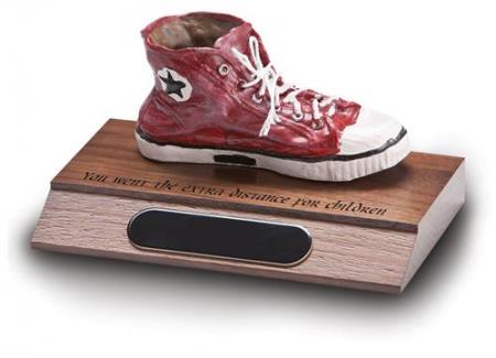 The trophy, which is a converse sneaker on plaque saying &quot;you went the extra distance for children&quot;